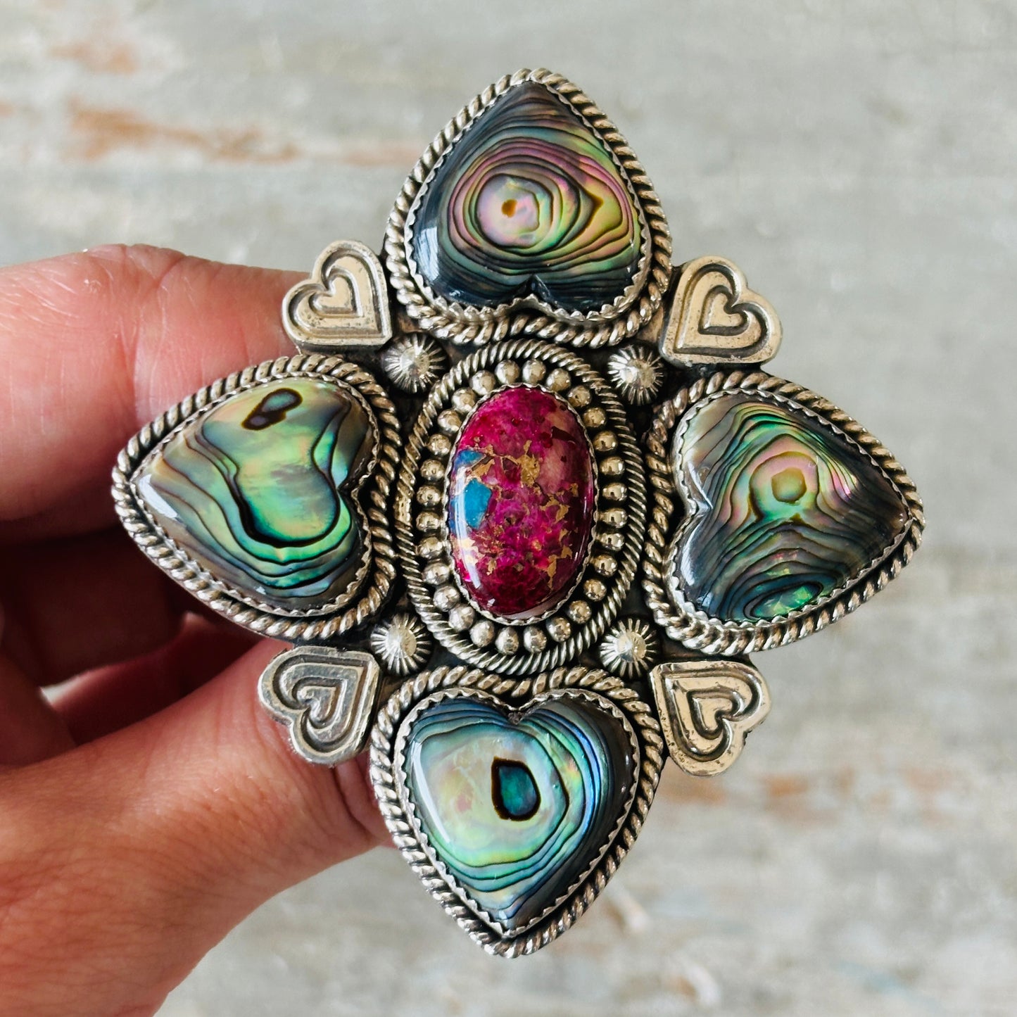 Navajo Hemerson Brown Sterling Silver - Abalone & Mojave Hearts Ring
