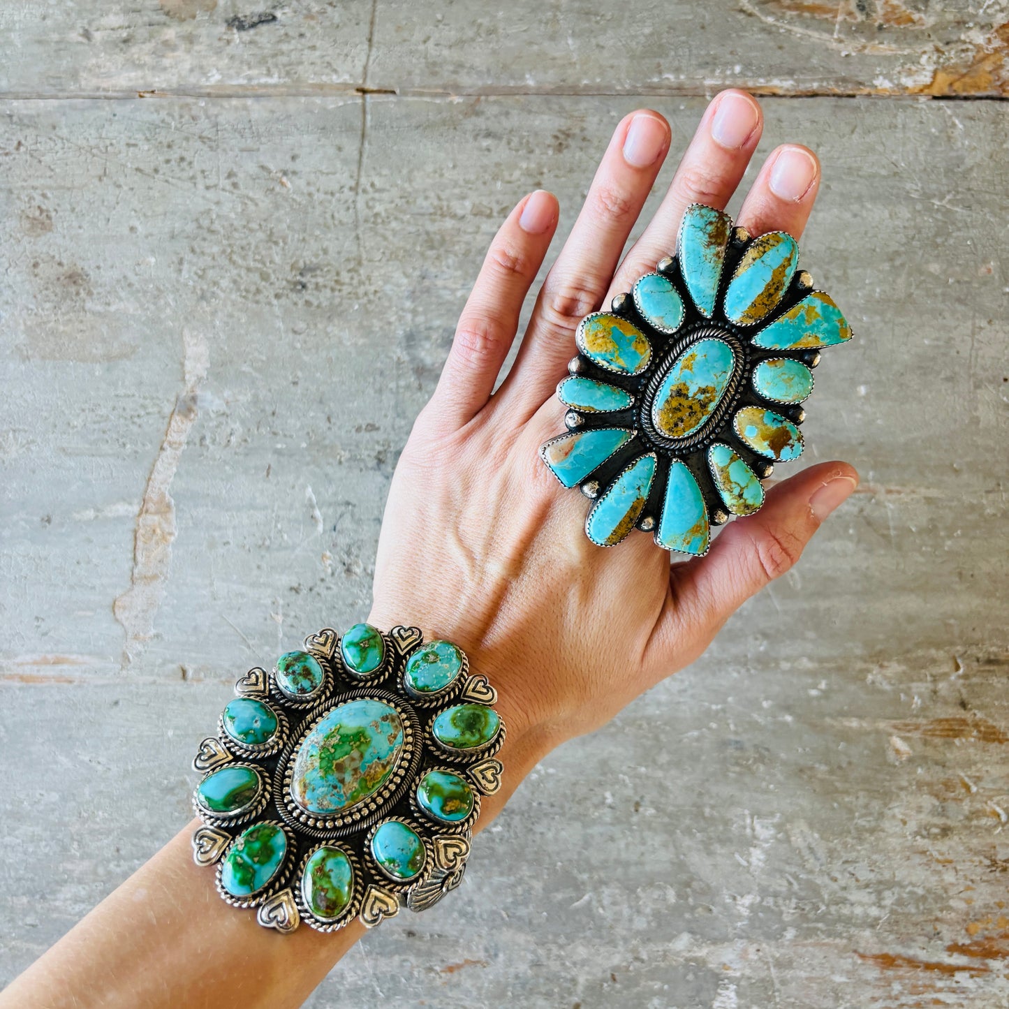 Navajo Brenda Pete Sterling Silver & Mixed Nevada Turquoise Cluster Ring