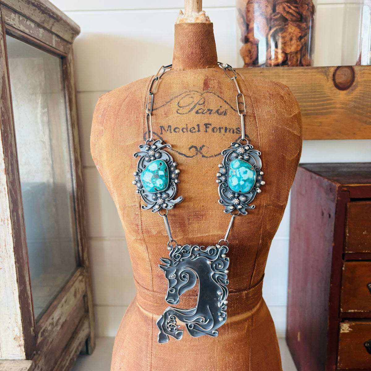 Navajo Miranda Willie Sterling Silver & Whitewater Turquoise Horse Statement Necklace