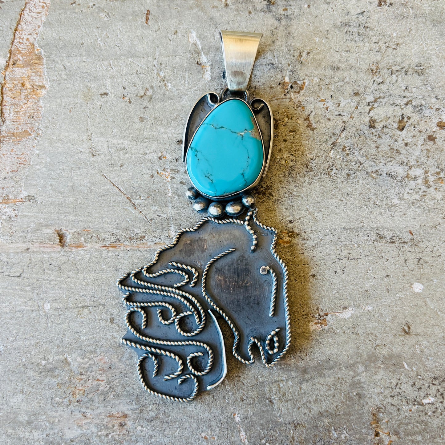 Navajo Miranda Willie Sterling Silver & Kingman Turquoise Horse Head Pendant