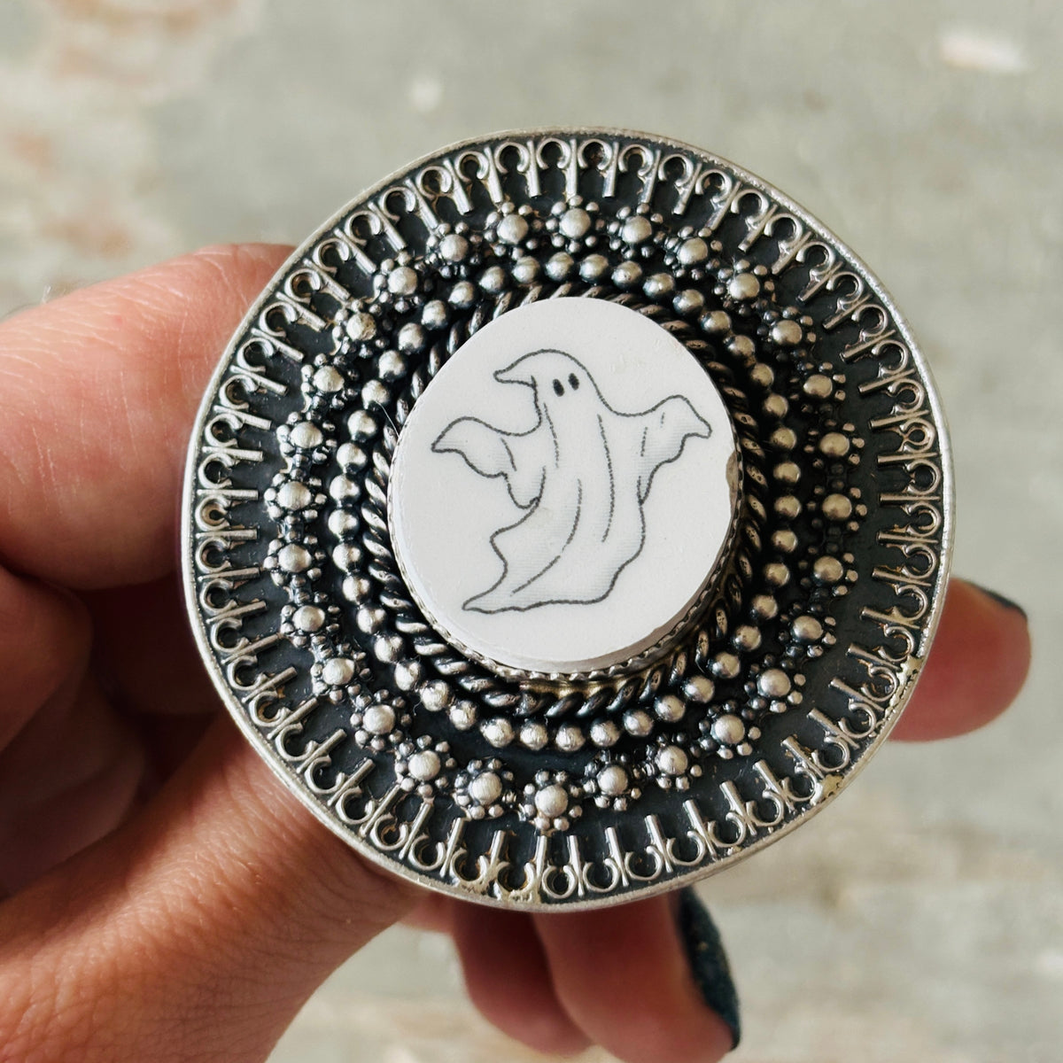 Navajo Kindale Billah Sterling Silver & Ceramic Ghost Ring