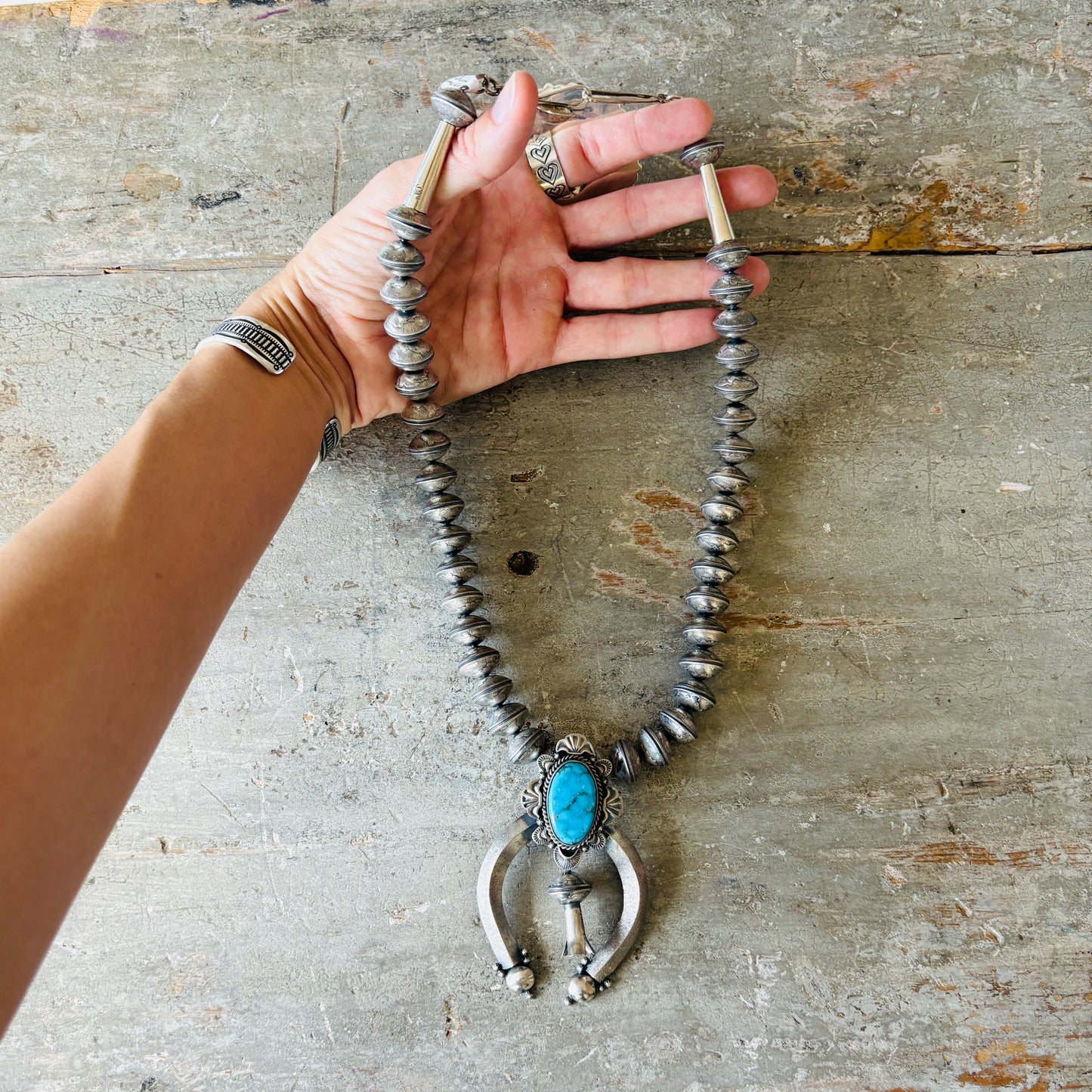 Navajo James McCabe Sterling Silver - Liberty Dime & Kingman Turquoise Squash Blossom Necklace