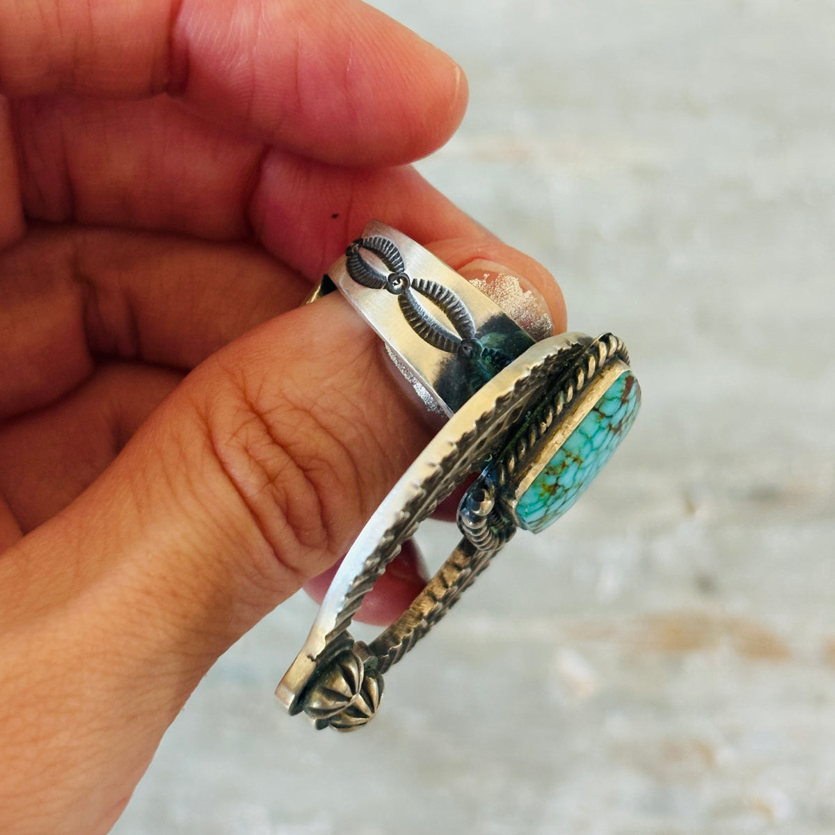 Navajo Hemerson Smith Sterling Silver & Web Kingman Turquoise Naja Ring