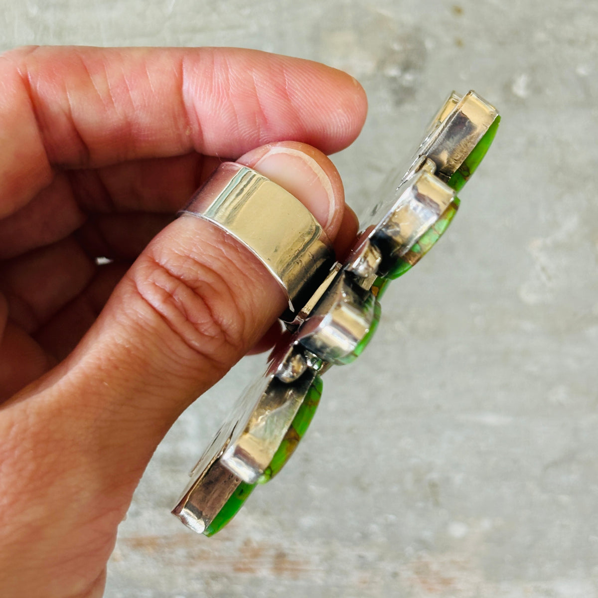 Navajo Hemerson Brown Sterling Silver & Green Mojave Cluster Ring