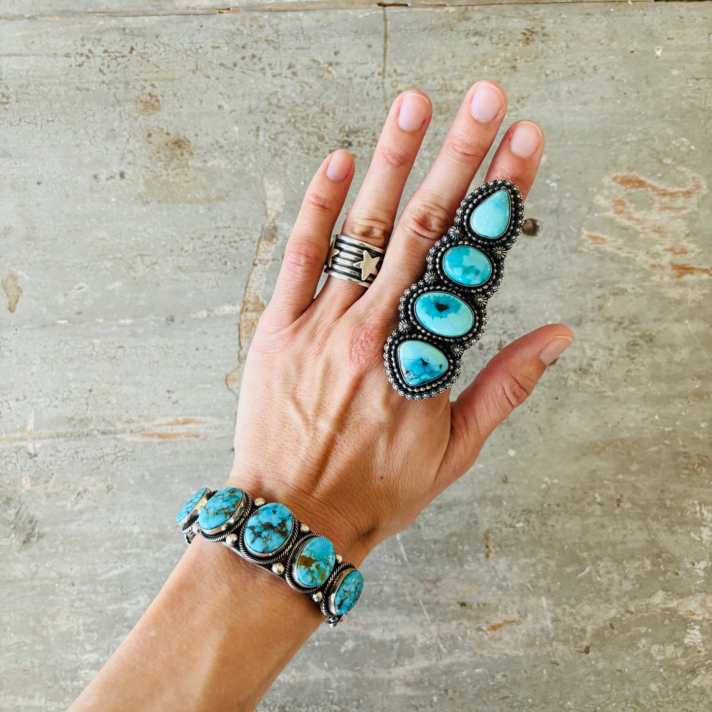 Navajo Hemerson Brown Sterling Silver & Web Kingman Turquoise Five Stone Cuff