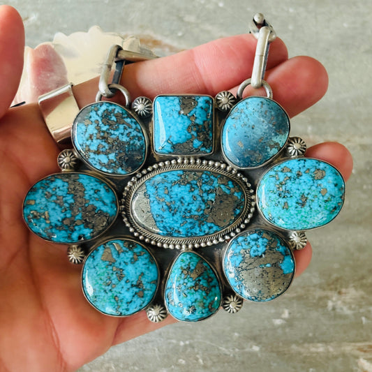 Navajo Freddie Maloney Sterling Silver & Morenci Turquoise Statement Necklace