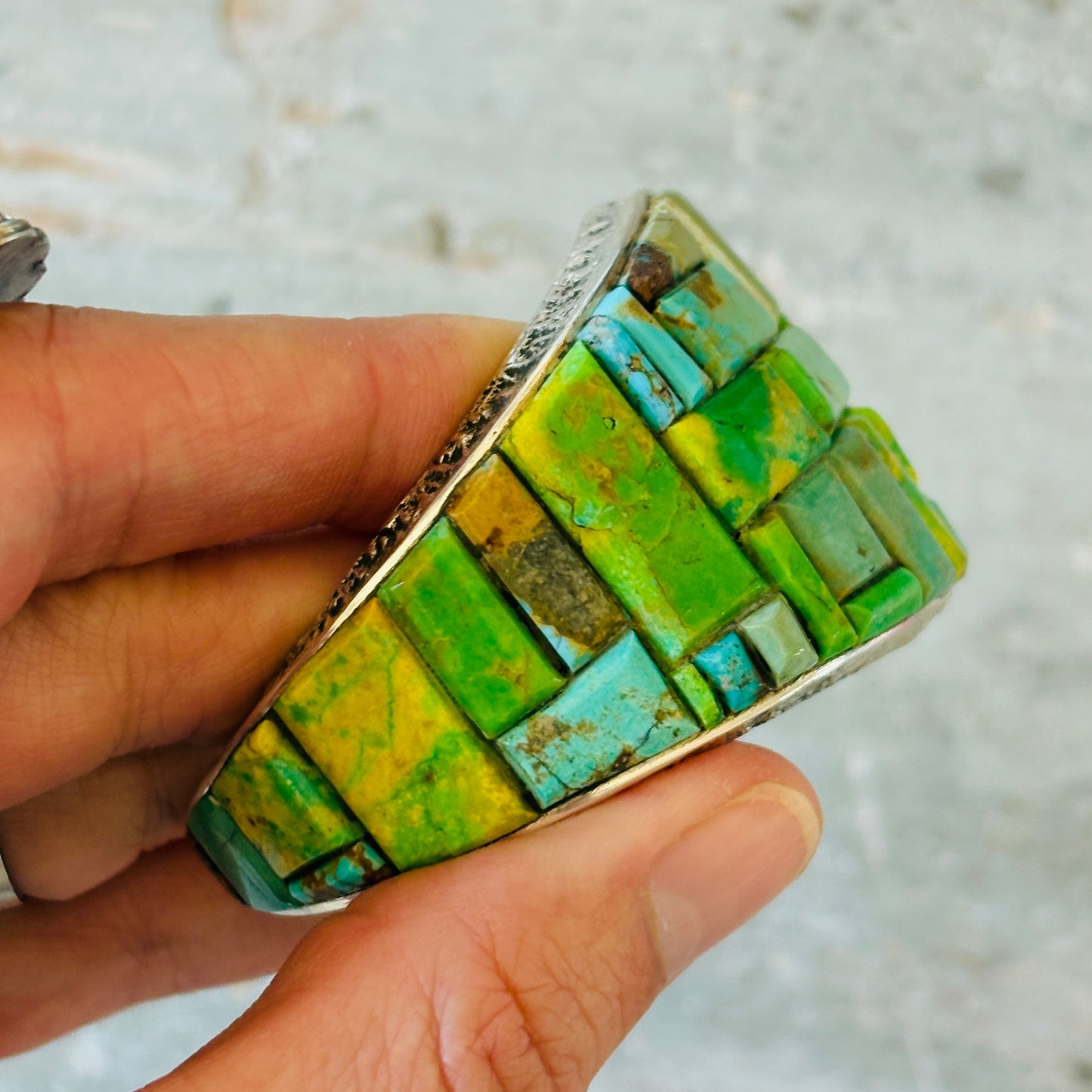 Navajo Lester James Sterling Silver - Gaspeite & Mixed Turquoise Cobblestone Cuff