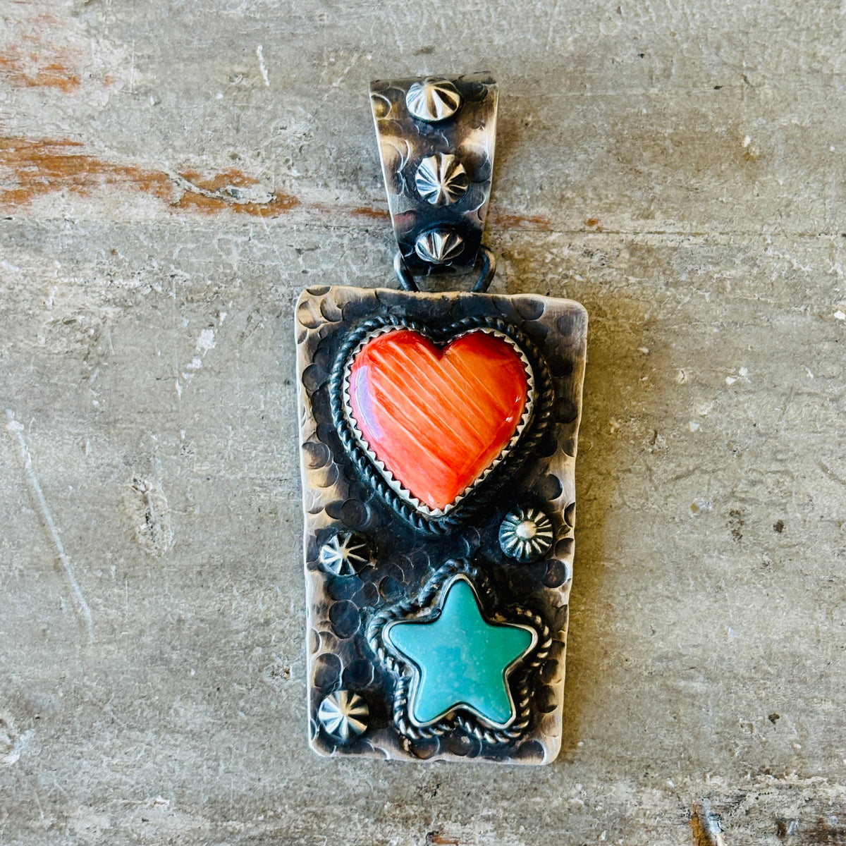 Apache Rosella Paxson Sterling Silver - Kingman Turquoise & Red Spiny Oyster Heart & Star Pendant