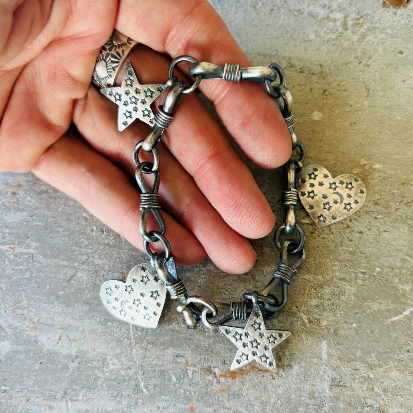 Navajo Andy Cadman Sterling Silver Hearts & Stars Charm Bracelet