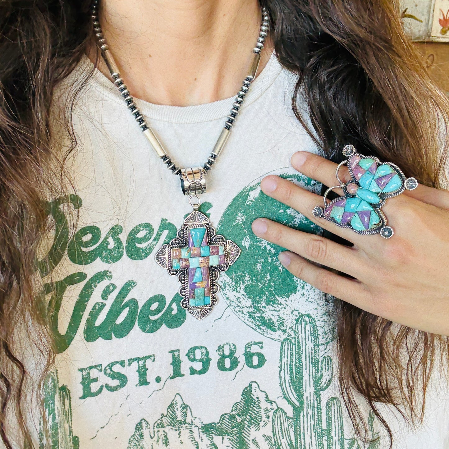 Navajo Hemerson Brown Sterling Silver - Phosphosiderite & Kingman Turquoise Cobblestone Cross