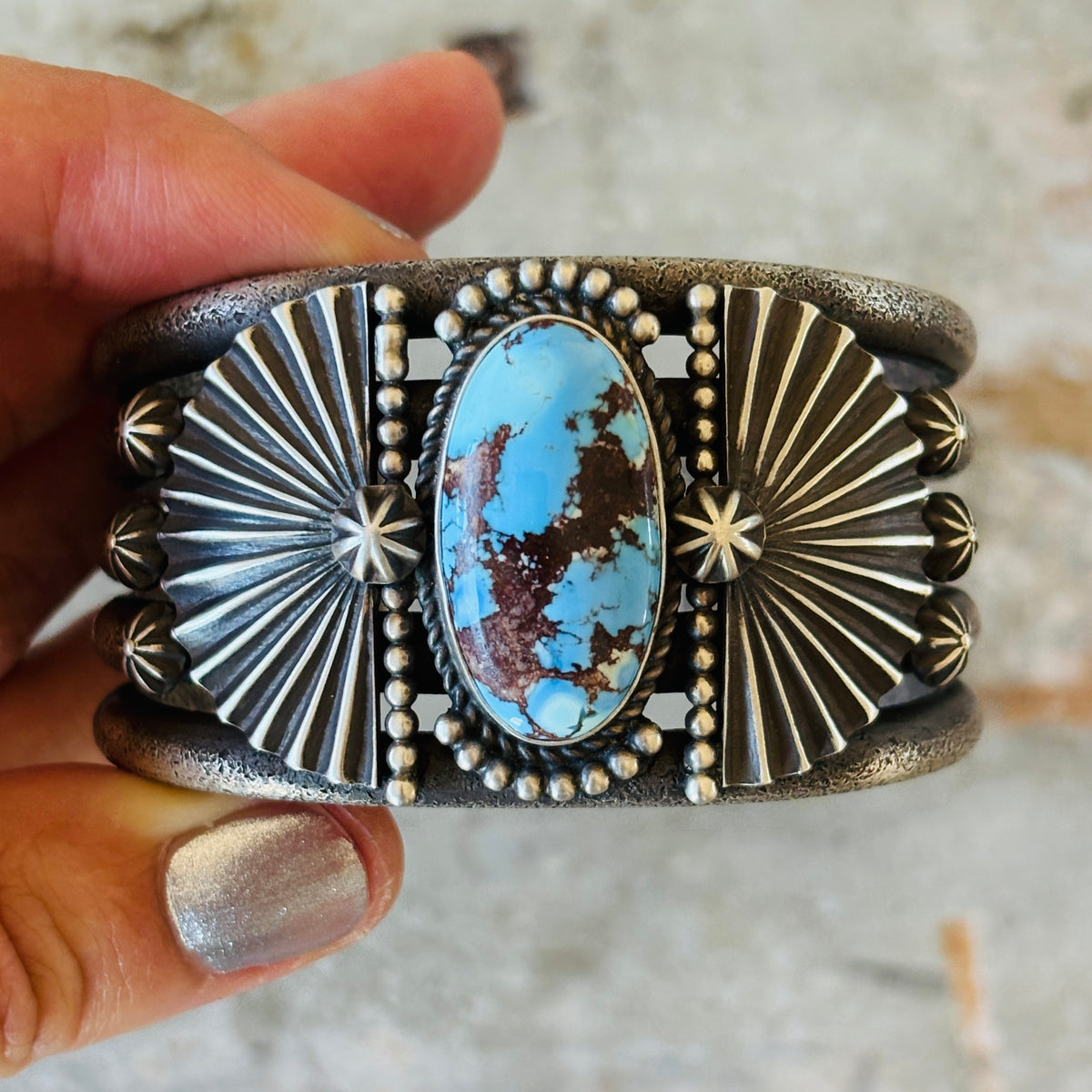 Navajo Herman Smith Sterling Silver & Golden Hills Turquoise Tufa Cast Cuff
