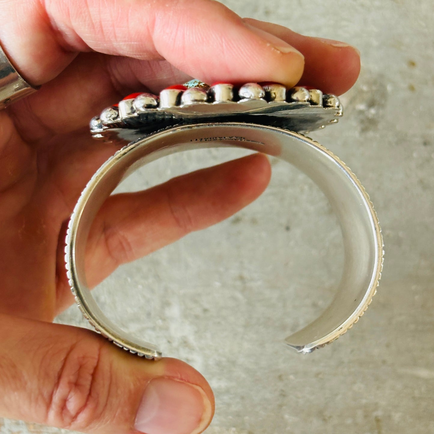 Navajo Hemerson Brown Sterling Silver - Red Coral & Sonoran Turquoise Cluster Hearts Cuff