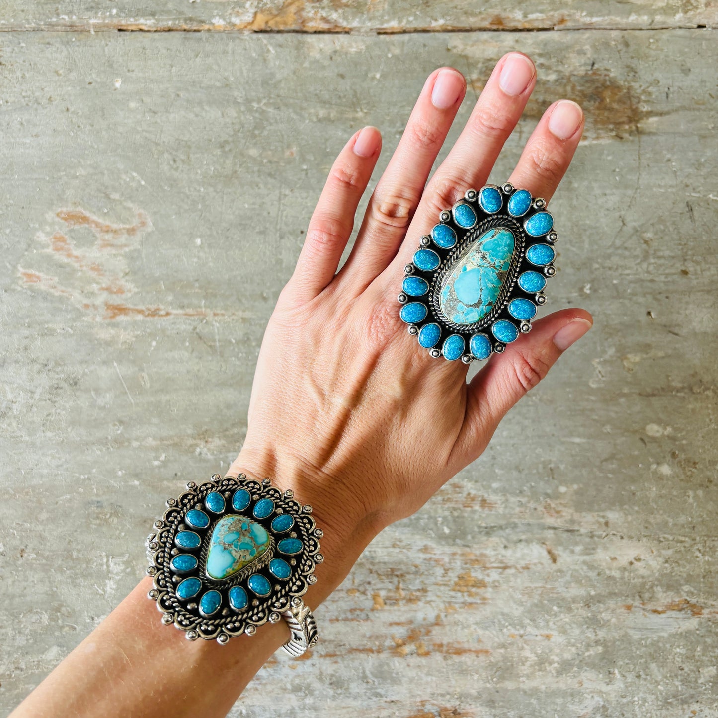Navajo Hemerson Brown Sterling Silver - Sonoran Turquoise & Blue Lab Opal Cluster Statement Cuff
