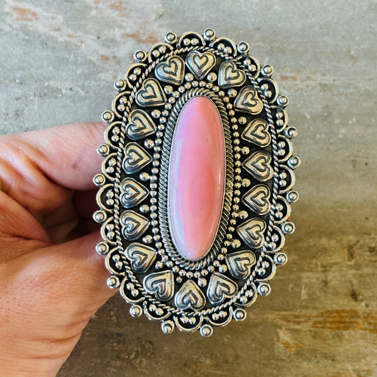 New Navajo Hemerson Brown Sterling Silver & Pink Conch Hearts Ring
