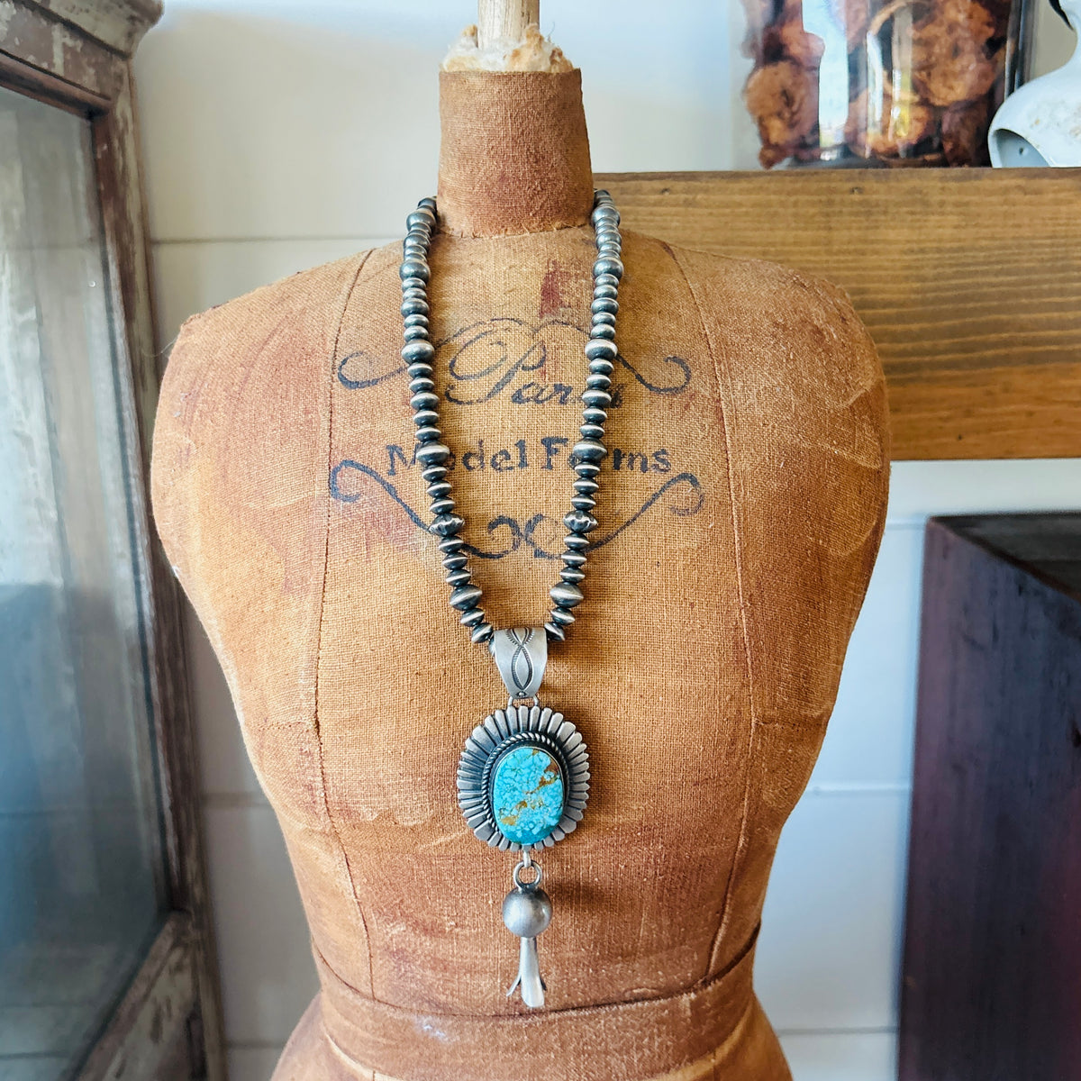 Navajo Ronald Tom Sterling Silver & Web Kingman Turquoise Blossom Pendant