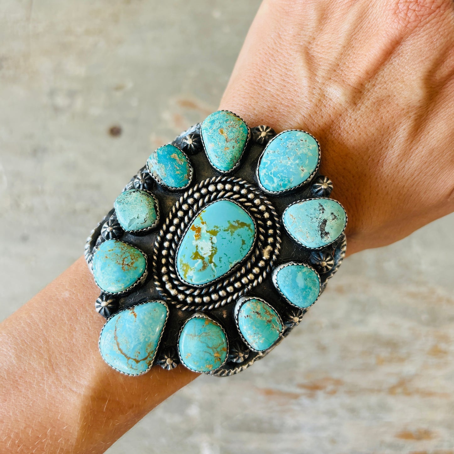 Navajo Kindale Billah Sterling Silver & Royston Turquoise Cluster Statement Cuff