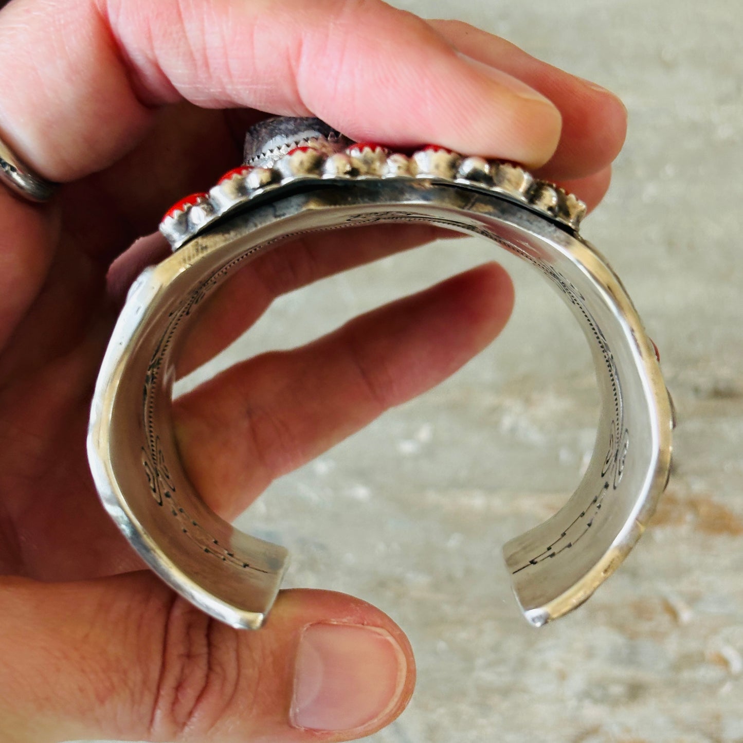 Navajo Glenn Livingston Sterling Silver - Red Coral & Wild Horse Jasper Heart Statement Cuff