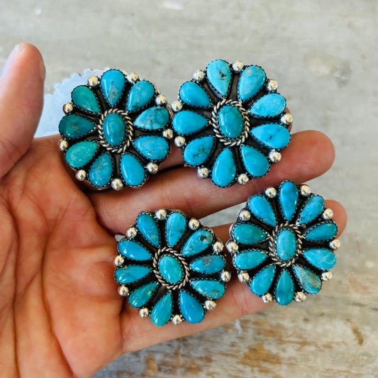 Navajo Lorenzo & Jerilyn Chee Sterling Silver & Kingman Cluster Earrings