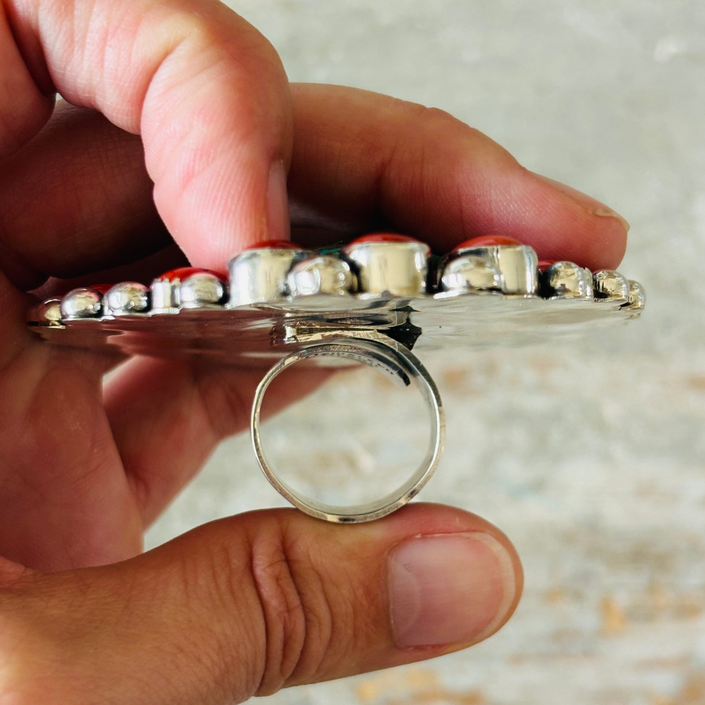 Navajo Hemerson Brown Sterling Silver - Sonoran Turquoise & Mediterranean Red Coral Cluster Statement Ring