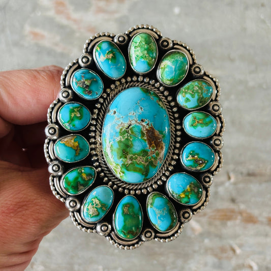 Navajo Hemerson Brown Sterling Silver & Sonoran Turquoise Cluster Statement Ring