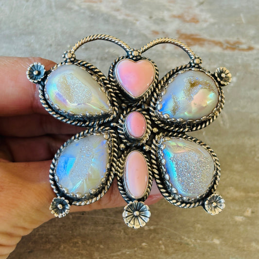 Navajo Hemerson Brown Sterling Silver - Pink Conch & Druzy Butterfly Ring