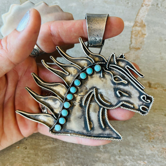 Navajo Shawn Cayatineto Sterling Silver & Kingman Turquoise Horse Head Pendant
