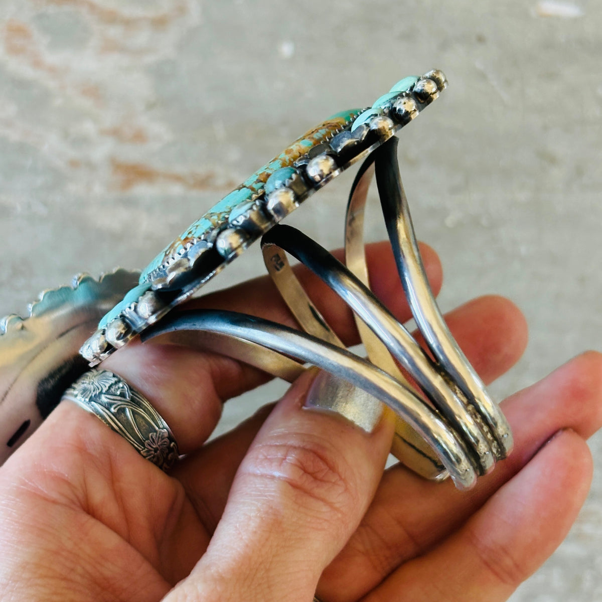 Navajo Marcus Chavez Sterling Silver & Kingman Turquoise Floral Statement Cuff