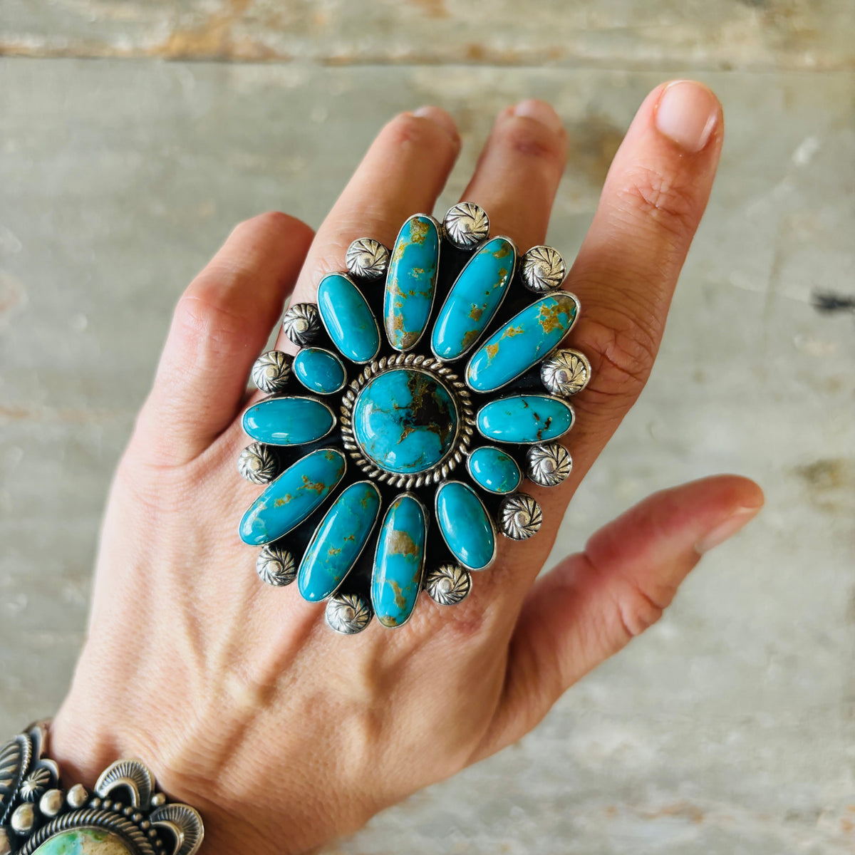 Navajo Tyler Brown Sterling Silver & Kingman Turquoise Cluster Ring