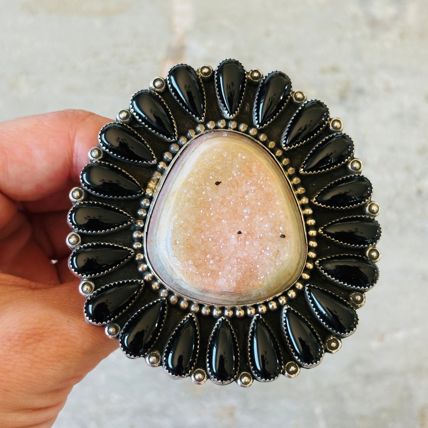 Navajo Hemerson Brown Sterling Silver - Druzy & Black Onyx Cluster Ring