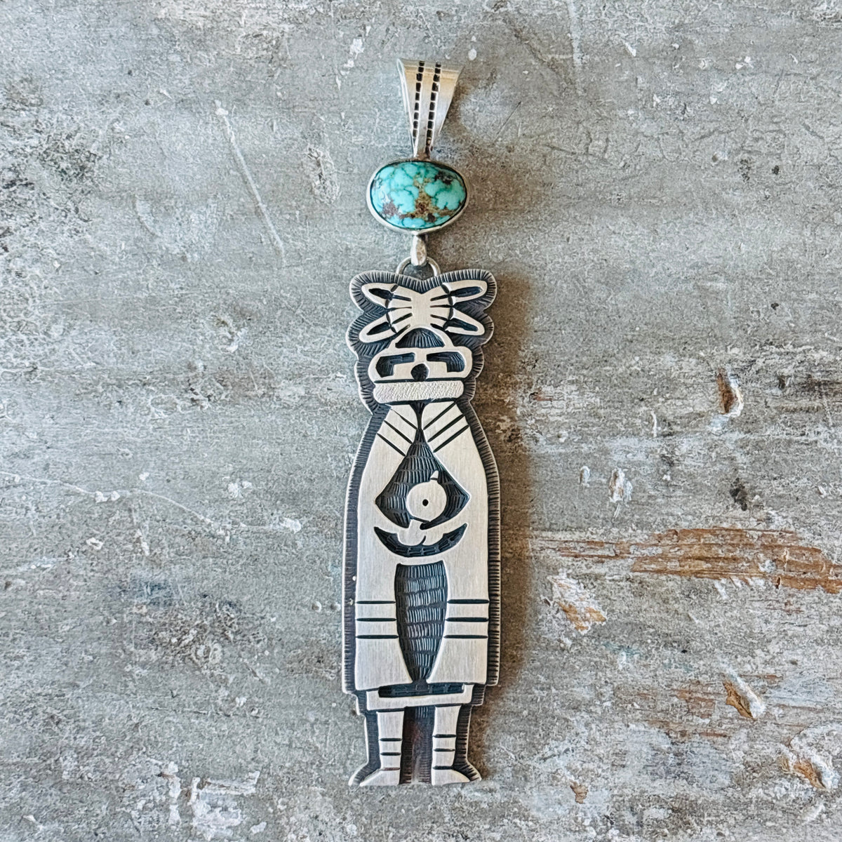 Navajo Teddy Yazzie Sterling Silver & Turquoise Overlay Kachina Pendant