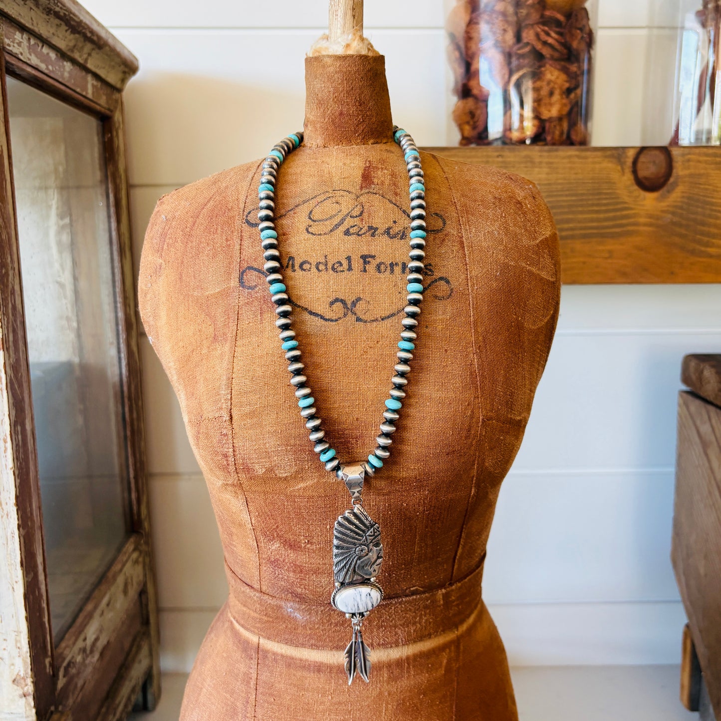 Navajo Edmund Piasso Sterling Silver & White Buffalo Chief Feathers Pendant