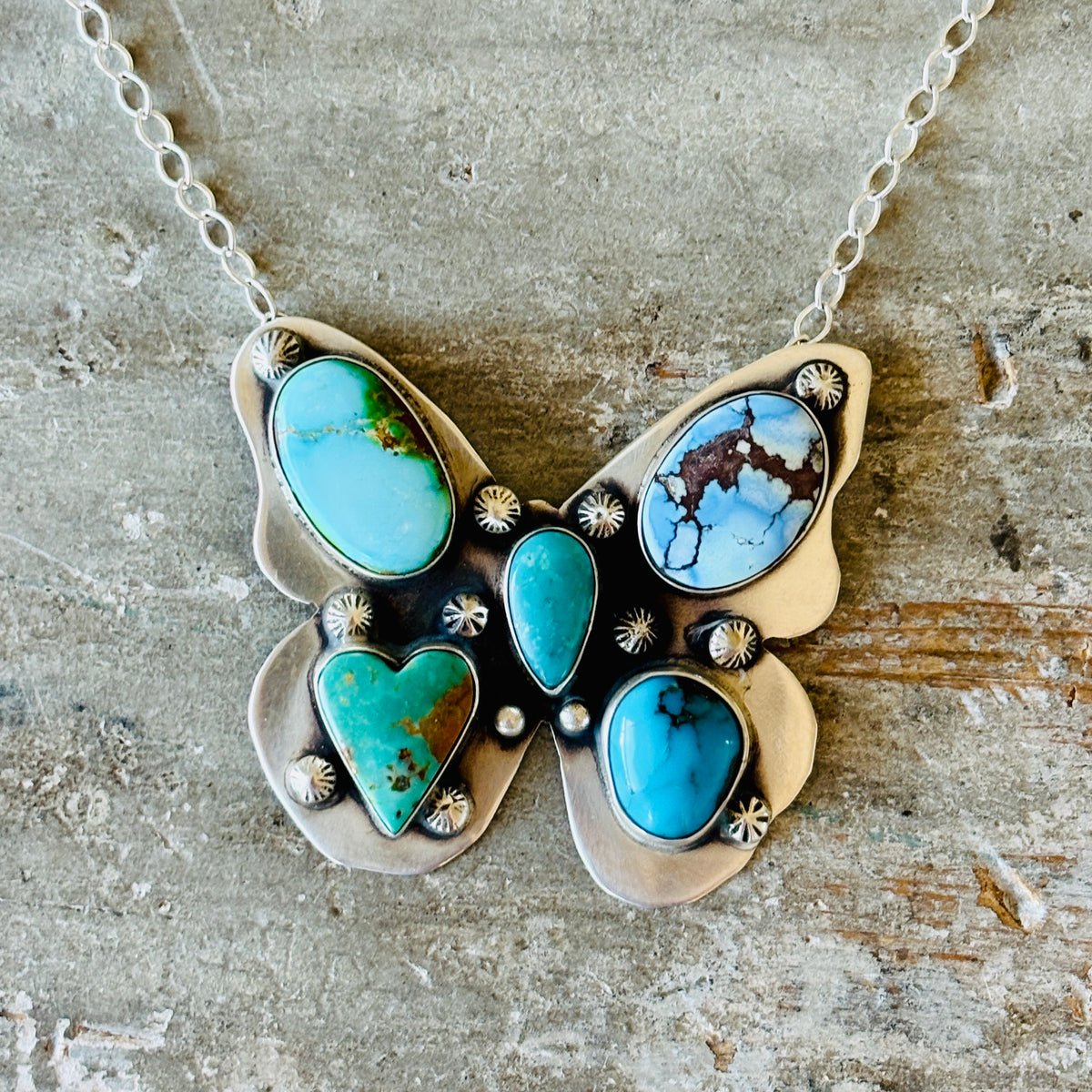 Navajo Freddy Platero Sterling Silver & Mixed Turquoise Cluster Butterfly Necklace