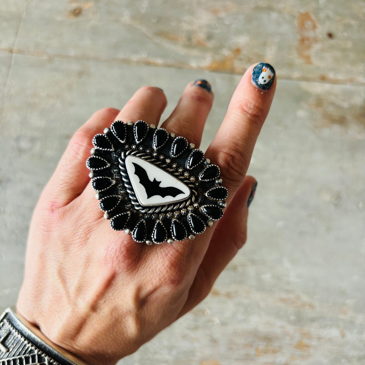 Navajo Kindale Billah Sterling Silver - Ceramic & Black Onyx Bat Ring