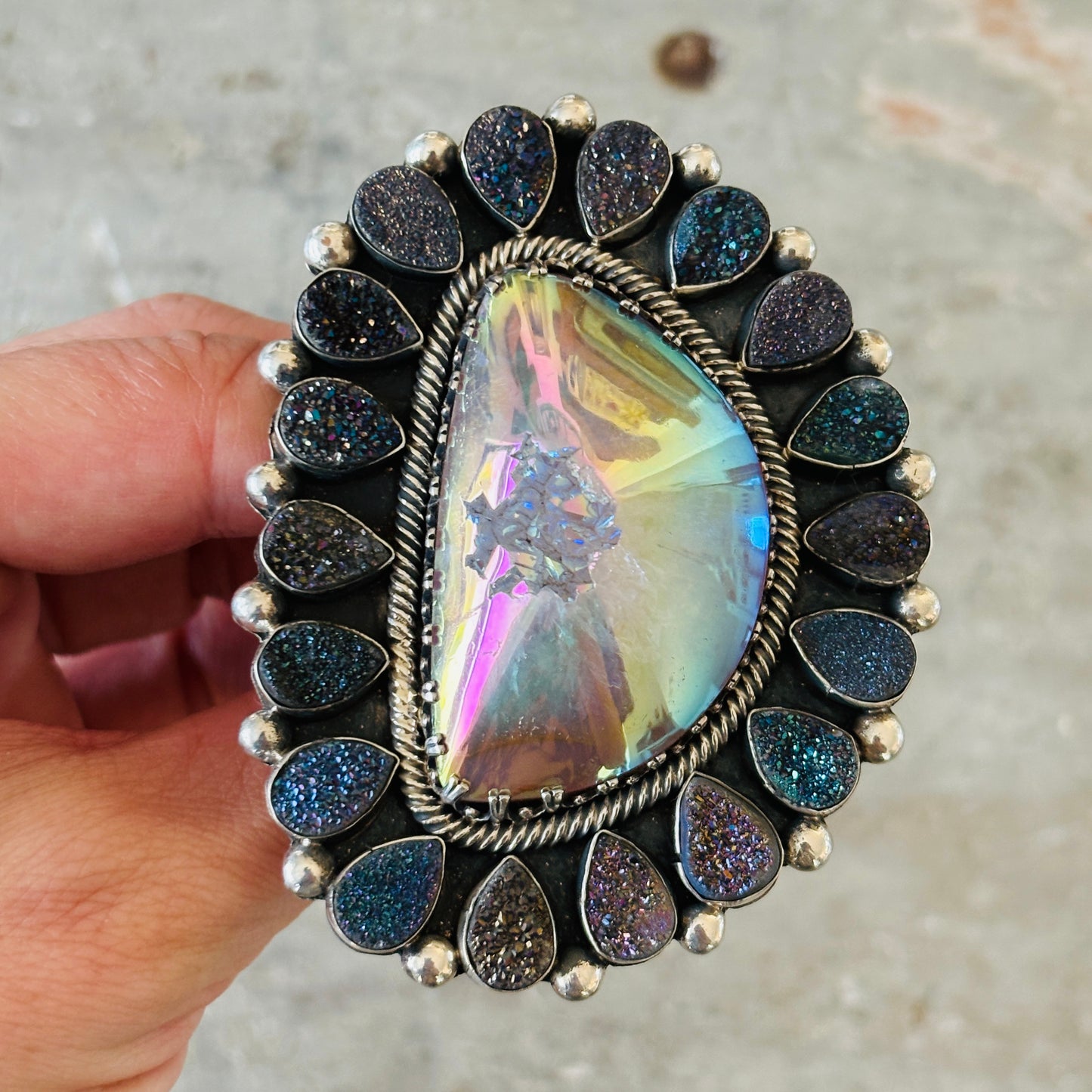 Navajo Hemerson Brown Sterling Silver & Druzy Statement Ring
