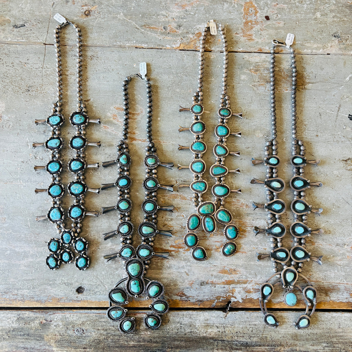 Vintage 1960s Navajo Signed Sterling Silver & Royston Turquoise Squash Blossom Necklace
