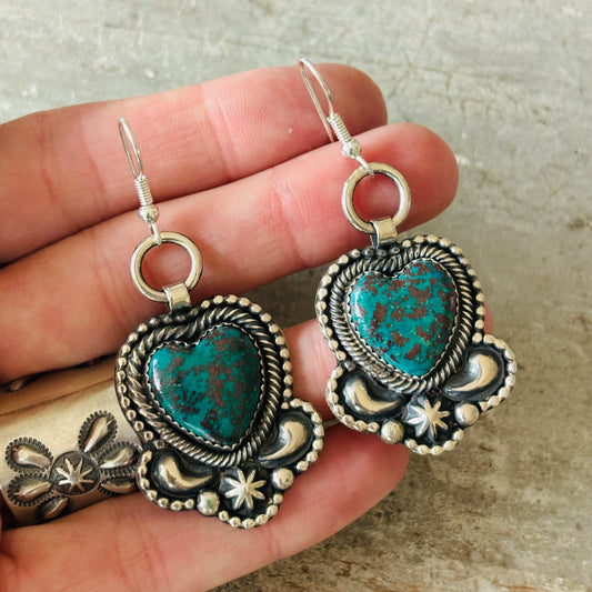 Navajo Braxton Parkett Sterling Silver & Egyptian Turquoise Heart Earrings