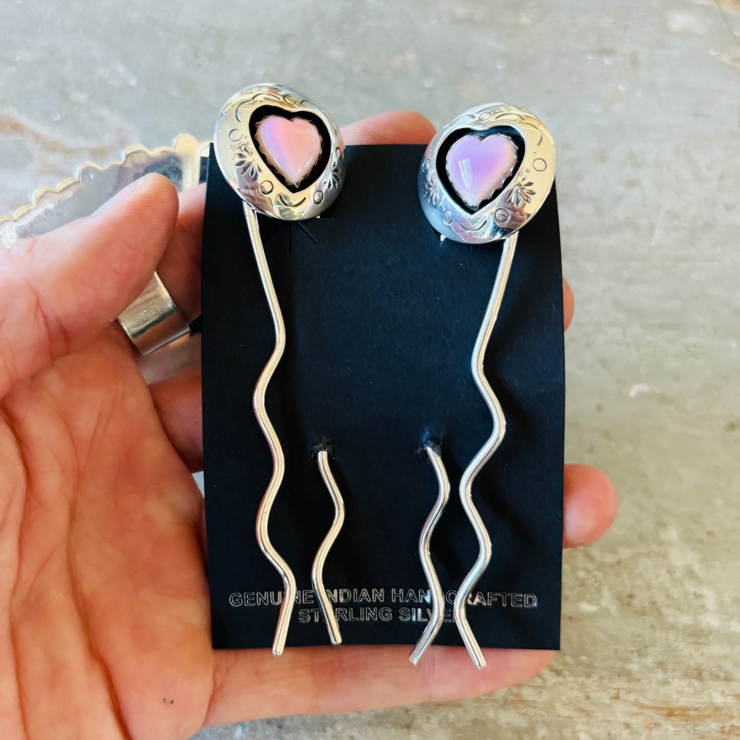 Navajo Lyanne Goodluck Sterling Silver & Pink Conch Shadowbox Heart Hair Pins