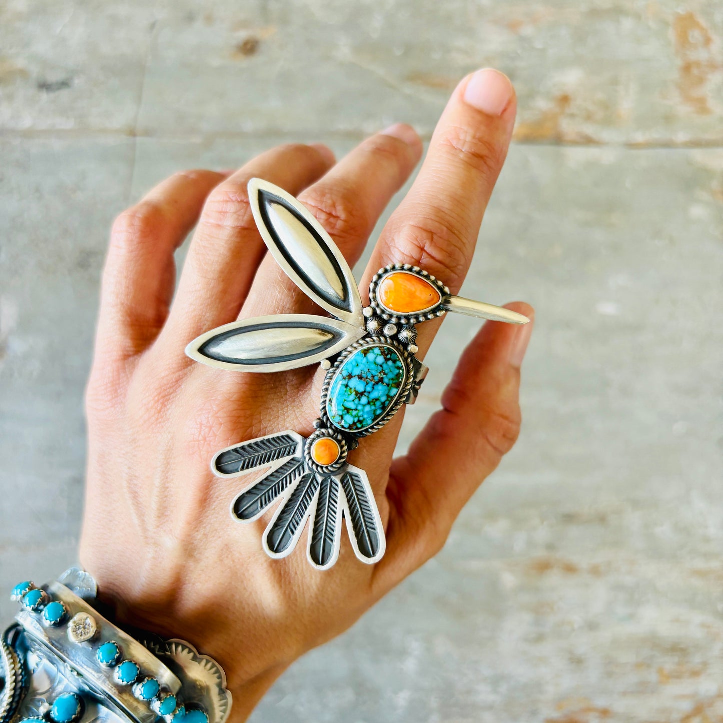 Navajo Herman Smith Sterling Silver - Orange Spiny & Spiderweb Kingman Hummingbird Ring