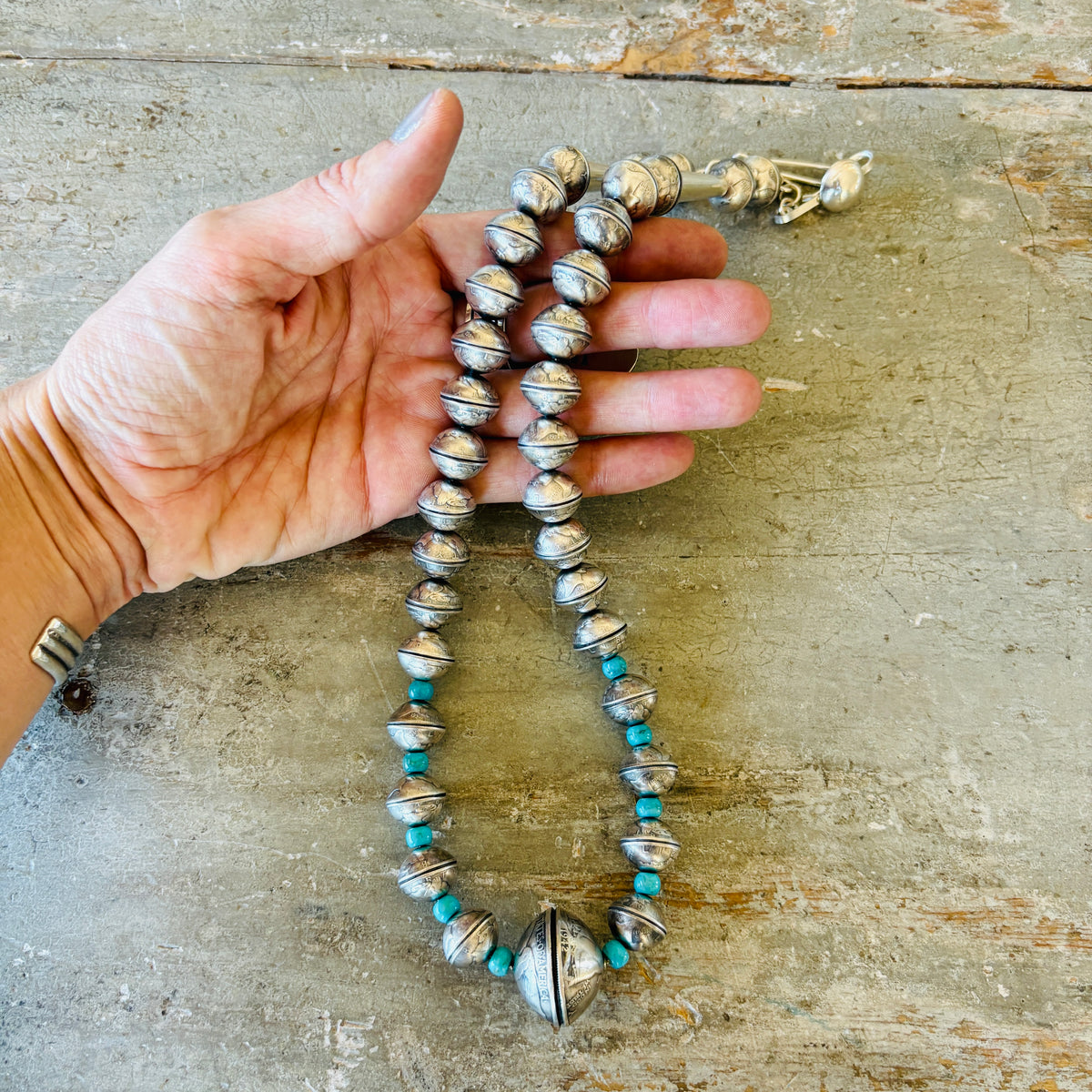 Navajo James McCabe Sterling Silver & Kingman Turquoise - Liberty Dime - Morgan Silver Dollar Beads Necklace