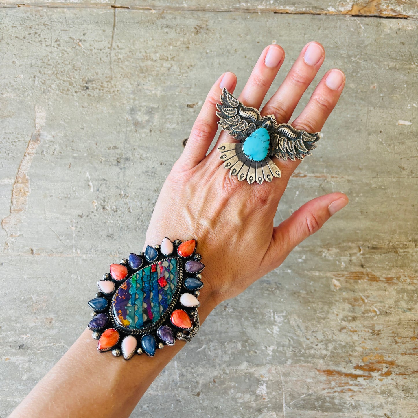 Navajo Hemerson Brown Sterling Silver & Dichroic Polymer Clay Multi Stone Cluster Cuff