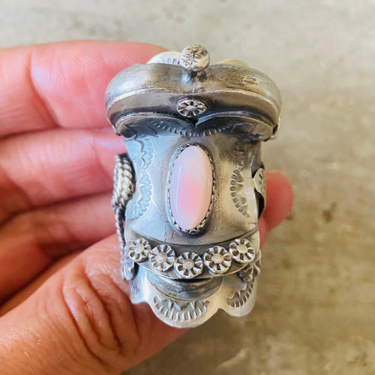 Navajo Tim Yazzie Sterling Silver & Pink Conch Saddle Ring