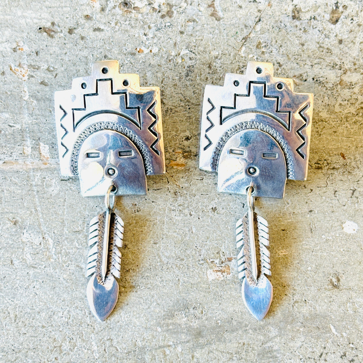 Vintage Navajo Signed Sterling Silver Kachina Earrings
