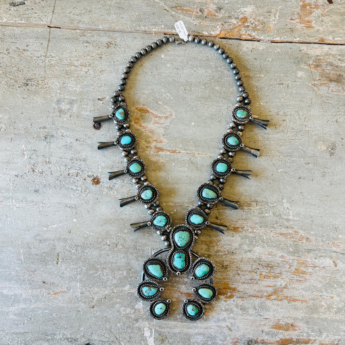 Vintage 1960s Navajo Sterling Silver & Turquoise Squash Blossom Necklace