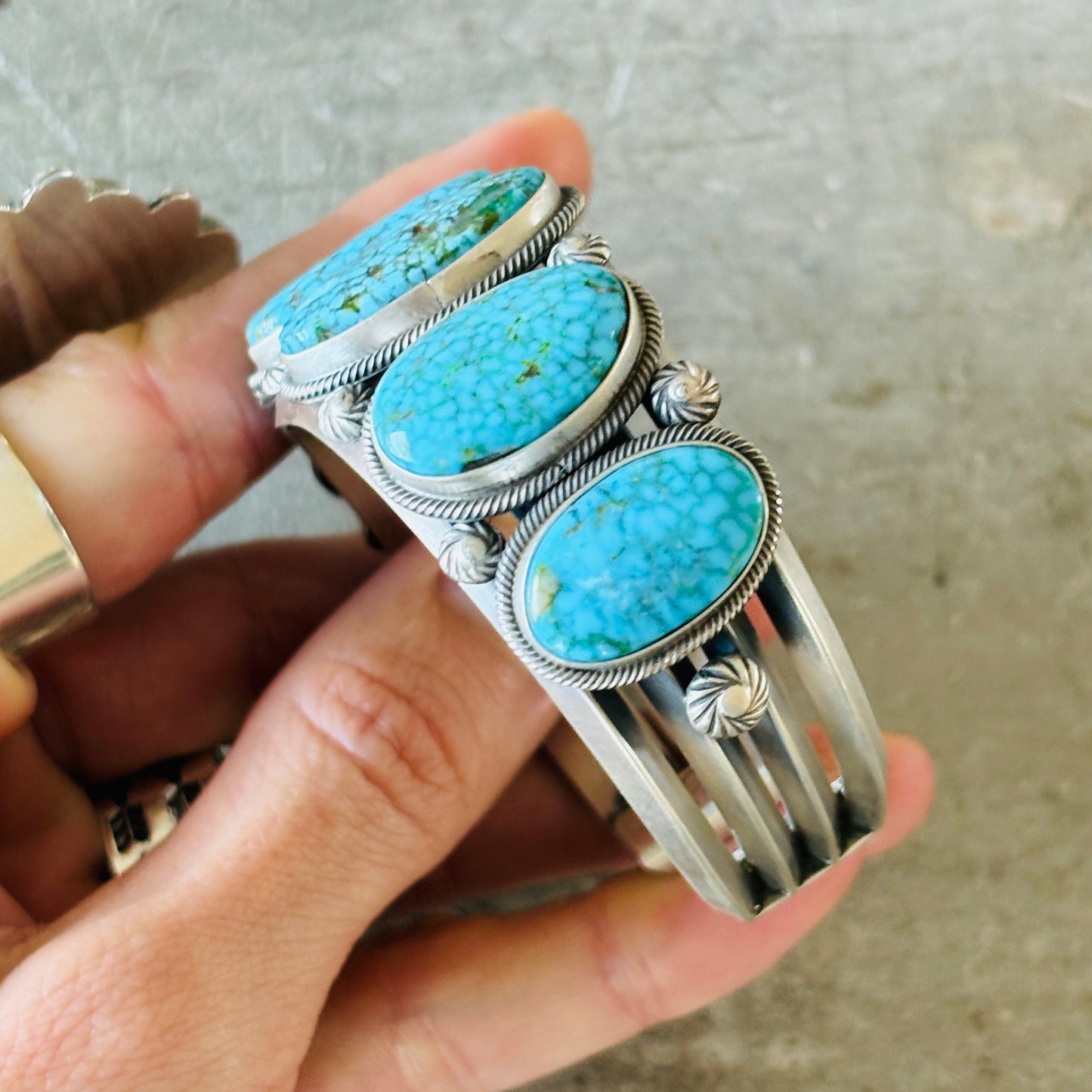 Navajo Freddie Maloney Sterling Silver & Spiderweb Kingman Turquoise 7 Stone Statement Cuff
