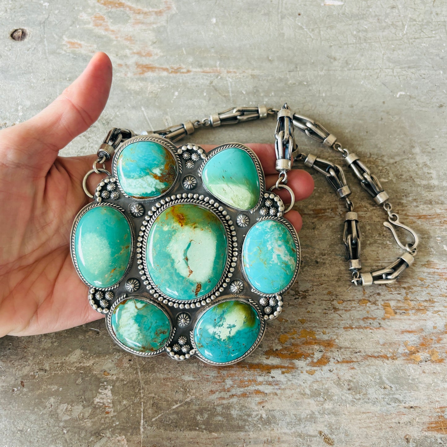 Navajo Gilbert Platero Sterling Silver & Cananea Turquoise Cluster Statement Necklace