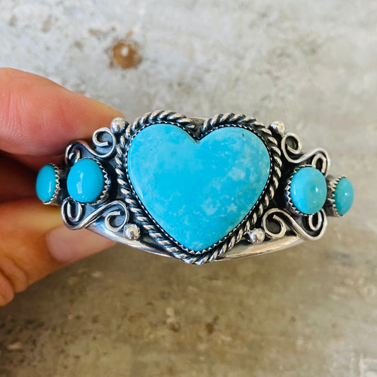 Navajo Lorenzo & Jerilyn Chee Sterling Silver & Campitos Turquoise Heart Cuff