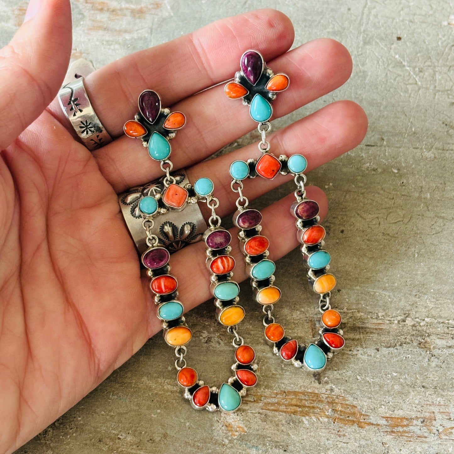 Navajo Jennifer Begay Sterling Silver Multi Stone Fiesta Statement Earrings