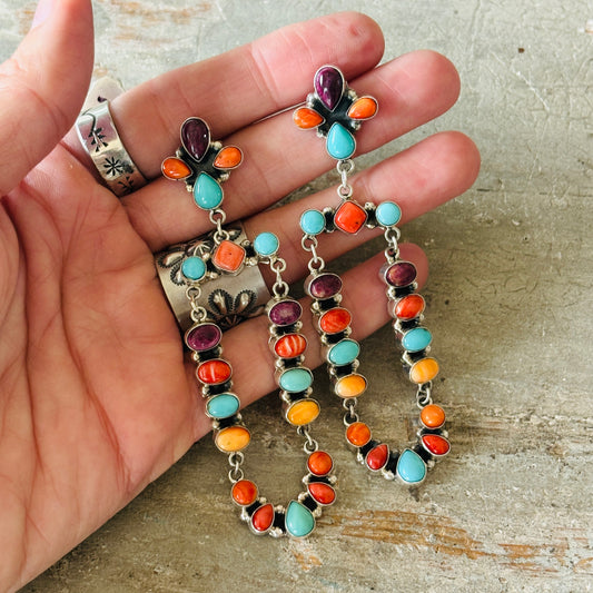 Navajo Jennifer Begay Sterling Silver Multi Stone Fiesta Statement Earrings