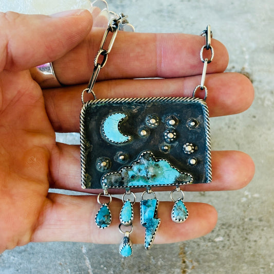 Navajo Chris Etsitty Sterling Silver & Kingman Turquoise Rainstorm Bar Necklace