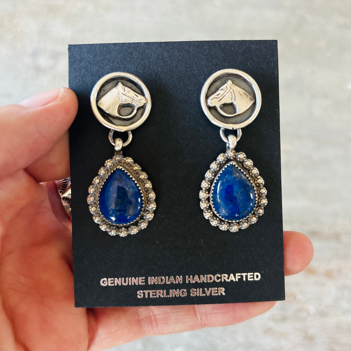 Navajo Kindale Billah Sterling Silver & Lapis Horse Head Earrings